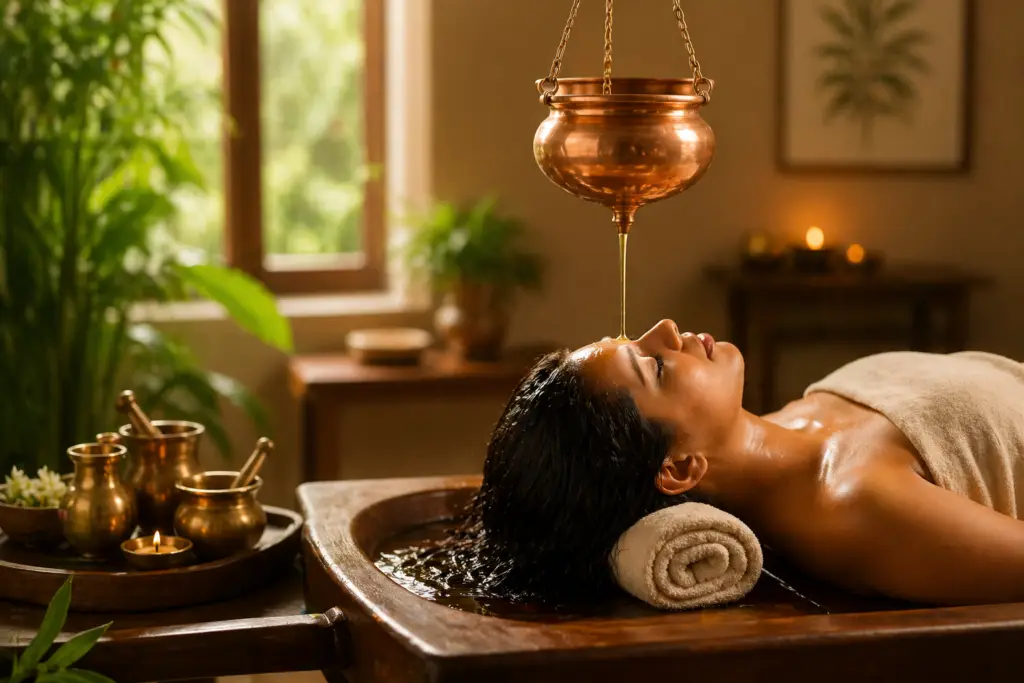 Patient receiving Ayurvedic Shirodhara therapy for stress and anxiety at Shree Vishwa Anand Clinic in Chembur, Mumbai.